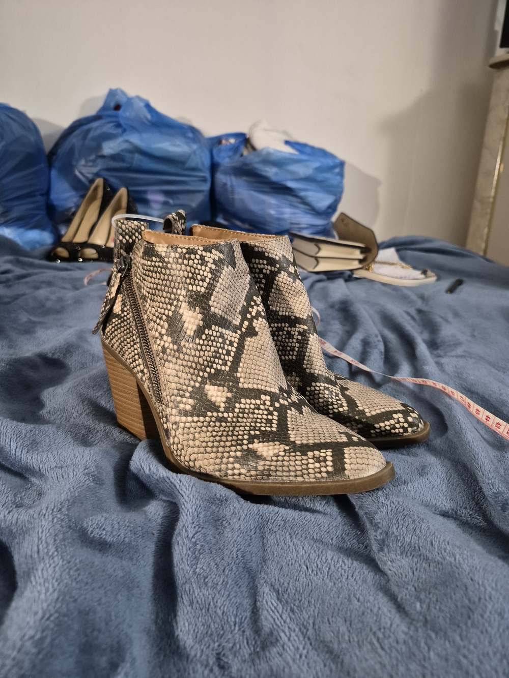 Universal Thread Snake-Print Ankle Booties in Black and Cream